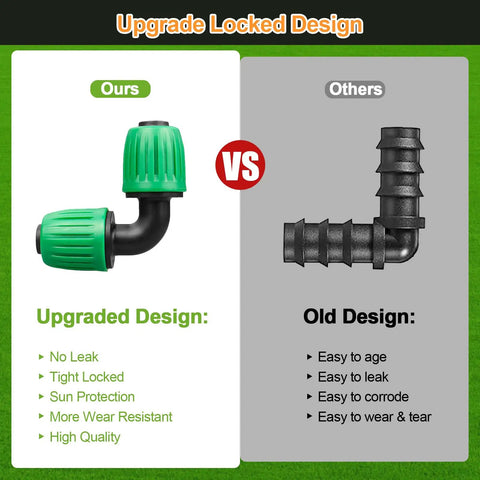 Comparison of Half Inch Drip Irrigation Fittings 12 Pack Barbed 90 Degree Elbows With Locked Nuts showing upgraded design.