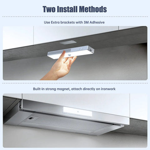 30 LED Closet Light With Charging Station And Motion Sensor Under Cabinet Lighting Kit installation methods, adhesive and magnetic.