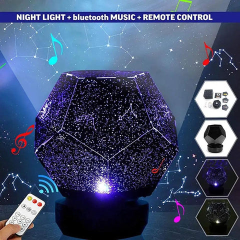 Galaxy Star LED Night Light Projector with Bluetooth music, rotating base, showing starry patterns and remote control features.