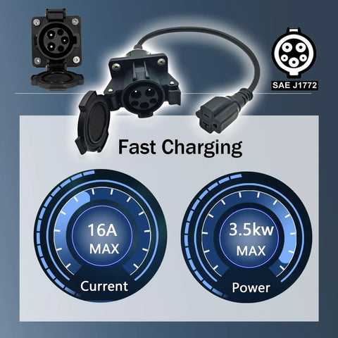 J1772 To Nema 5-20 Ev Charging Adapter With Compact Cable For Ebikes Electric Scooters And Unicycles showing connectors and charging metrics.