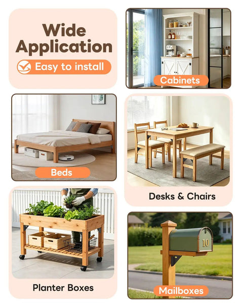 Wide application image featuring heavy duty corner brackets for wood furniture, cabinate, bed, desk, planter and mailbox.