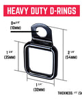 Heavy Duty D-Rings with dimensions, 3/8 inch diameter, sturdy steel for secure tie-down applications.