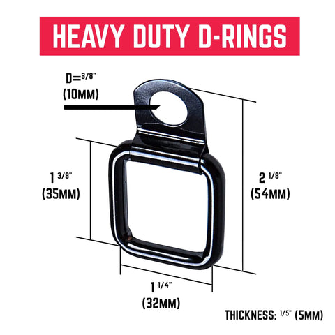 Heavy Duty D-Rings with dimensions, 3/8 inch diameter, sturdy steel for secure tie-down applications.