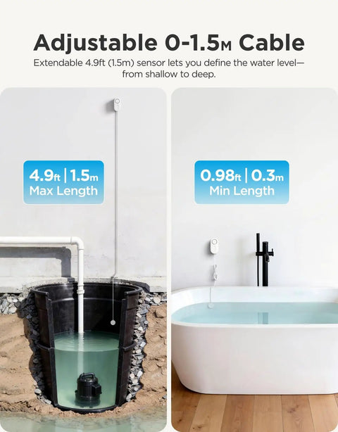 Upgraded Smart Water Leak Detector With 4.92 Ft Cable, WiFi Sensor, adjustable length demonstration in home setting.