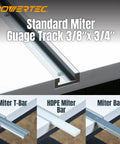 Standard Miter Guage Track 3/8"x 3/4" on a workbench with Miter T-Bar and HDPE Miter Bar for precise woodworking cuts.