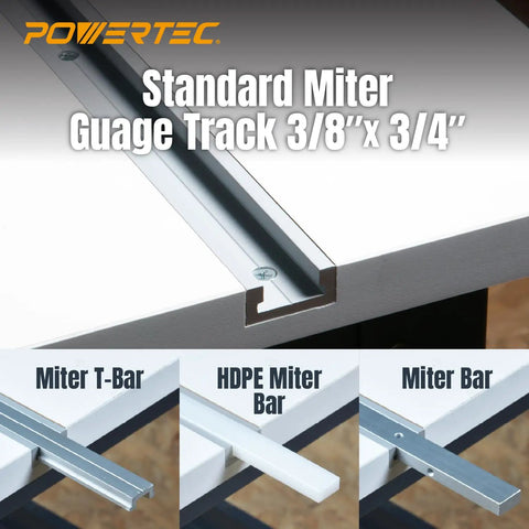 Standard Miter Guage Track 3/8"x 3/4" on a workbench with Miter T-Bar and HDPE Miter Bar for precise woodworking cuts.