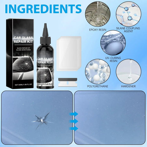 Two Piece Windshield Crack Repair Kit With Glass Repair Resin For Chips And Cracks Quick Fix In About Twenty To Thirty Minutes Brings Back Clarity And Strength DIY Auto Glass Repair For Cars Trucks SUVs with ingredients and before-after examples.