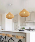 Rattan Pendant Light With Handwoven Wicker Raindrop Design For Dining Room Kitchen Island in bright modern kitchen
