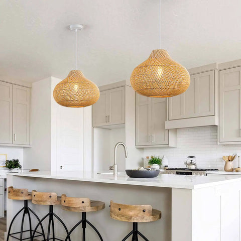 Rattan Pendant Light With Handwoven Wicker Raindrop Design For Dining Room Kitchen Island in bright modern kitchen
