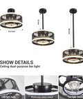 Dope Industrial Caged Ceiling Fan With Light Remote Control, showcasing size dimensions, LED ring, and fan leaf details.