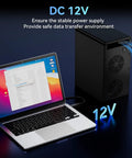 Killer Eight Bay Aluminum Hard Drive Enclosure With Badass Cooling Fan For 10Gbps Usb Type C 3.2 connected to a laptop, showing stable power supply.