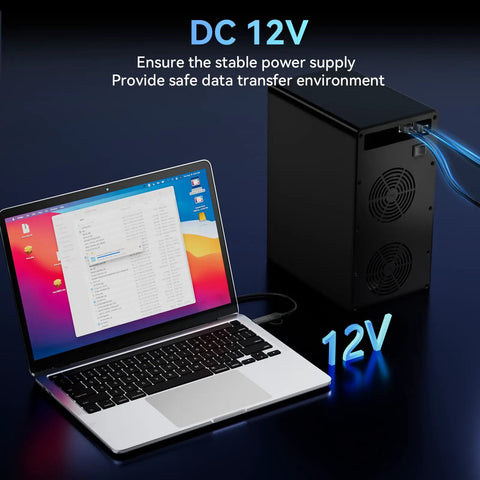 Killer Eight Bay Aluminum Hard Drive Enclosure With Badass Cooling Fan For 10Gbps Usb Type C 3.2 connected to a laptop, showing stable power supply.