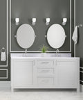 Triple Wall Sconce Bathroom Vanity Light Fixture In White Finish Sleek Retro Modern Vibe With Sculpted Escutcheons And Sphere Finials
