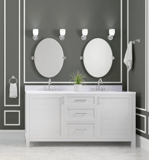 Triple Wall Sconce Bathroom Vanity Light Fixture In White Finish Sleek Retro Modern Vibe With Sculpted Escutcheons And Sphere Finials