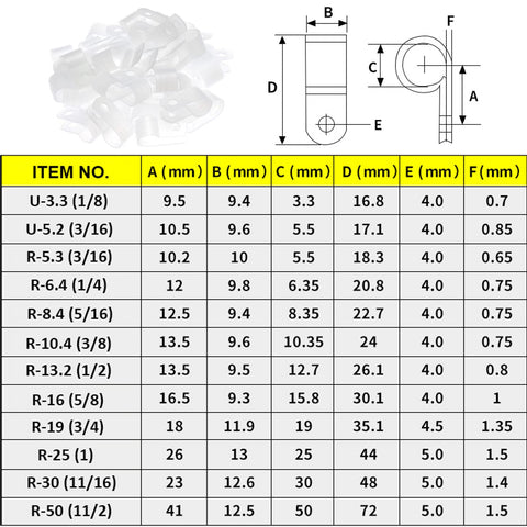 White Nylon R Type Cable Clamps One Quarter Inch 200 Piece Cable Organizer Kit size chart and clamp design
