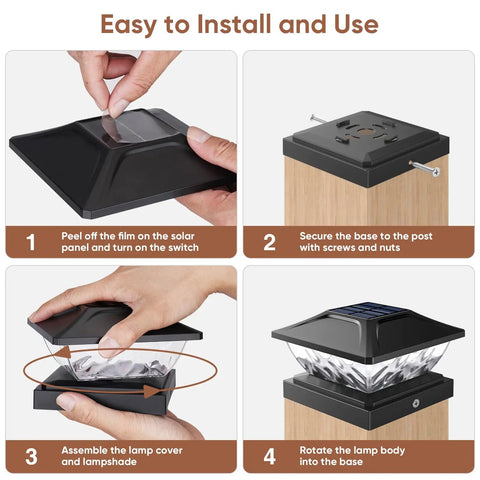 Installation steps for Outdoor Solar Post Cap Lights 6 Pack With Two Modes Warm White And Cool White IP65 Waterproof Deck Lighting