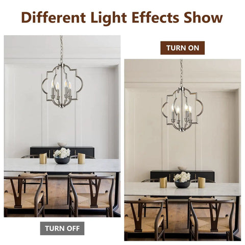 Image showing the Brushed Nickel 4-Light Farmhouse Chandelier With Geometric Orb Pendant Adjustable Height Ceiling Light over a dining table, with light on and off.