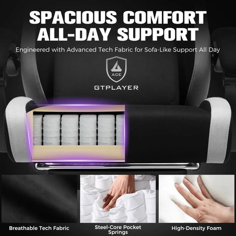 Close-up of ergonomic gaming chair cushion showing breathable fabric, coil springs, and foam for lumbar support.
