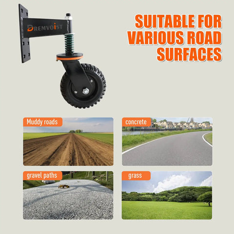 600LB Heavy Duty Fence Gate Wheel with Spring Support, 360° Swivel Caster, displayed with road surface types
