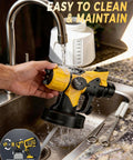 Heavy Duty Electric Paint Sprayer Built For Swift Home Exterior Touch Ups And Deck Refinishing With Generous Tank cleaning under faucet.