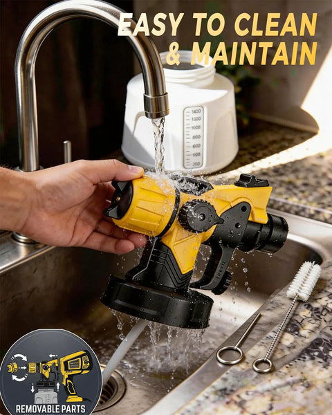 Heavy Duty Electric Paint Sprayer Built For Swift Home Exterior Touch Ups And Deck Refinishing With Generous Tank cleaning under faucet.