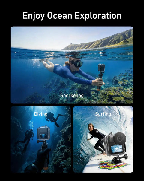 Collage of snorkeling, diving, and surfing with Waterproof Case With Floating Stick For DJI Osmo Nano Deep Sea Ready Underwater Housing 25M Depth Protective Cage With Anti Fog Sheets Non Slip Handle Wrist Strap And One Quarter Inch Thread