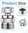 Brass Faucet To Hose Adapter With Aerator And Swivel Three Quarter Inch Female To Three Quarter Inch Male Hose Thread Garden Hose Connector For Easy Hook Up In Kitchen And Bathroom Sink Chrome Finish product size and threads shown