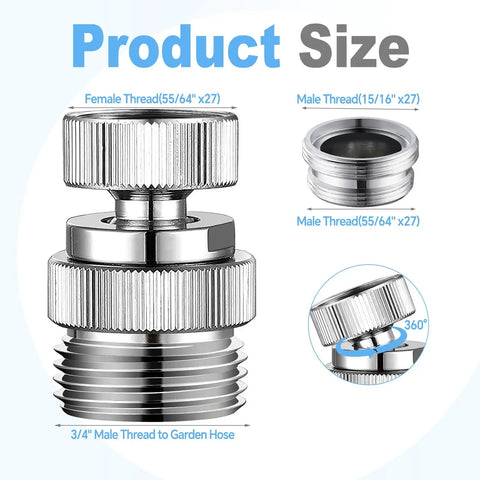 Brass Faucet To Hose Adapter With Aerator And Swivel Three Quarter Inch Female To Three Quarter Inch Male Hose Thread Garden Hose Connector For Easy Hook Up In Kitchen And Bathroom Sink Chrome Finish product size and threads shown