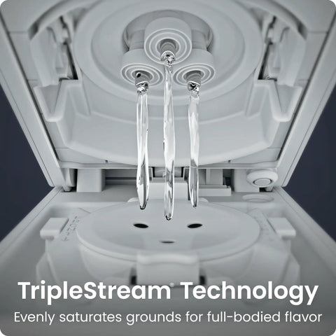 Close-up of the TripleStream Technology in a Single Serve Coffee Maker With Brew Strength And K Cups Or Grounds Compatibility, Iced Coffee Function.