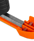 Close-up of the Cordless Two In One Brad Nailer And T50 Crown Stapler equipped with 4V battery showcasing staples in orange magazine.