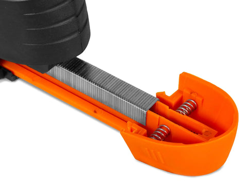 Close-up of the Cordless Two In One Brad Nailer And T50 Crown Stapler equipped with 4V battery showcasing staples in orange magazine.
