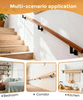Four Pack Adjustable Handrail Brackets For Stairs featuring 270 Degree Universal Swivel on a staircase and in various indoor settings.
