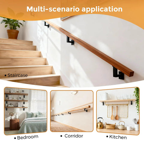Four Pack Adjustable Handrail Brackets For Stairs featuring 270 Degree Universal Swivel on a staircase and in various indoor settings.