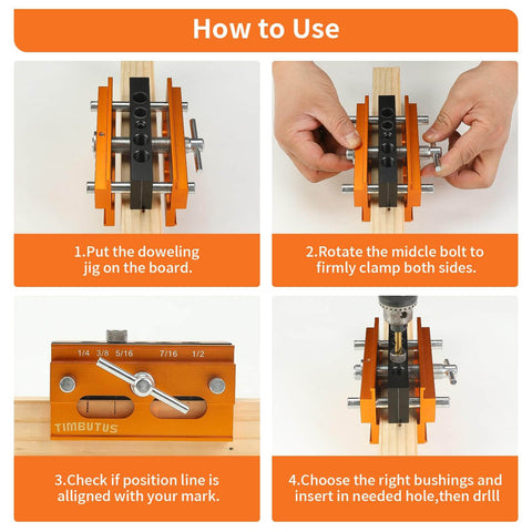 Instructions for using Self Centering Doweling Jig Kit For Precise Woodworking Adjustable Width Dowel Jig With 3 Drill Bit Sizes And 6 Bushings