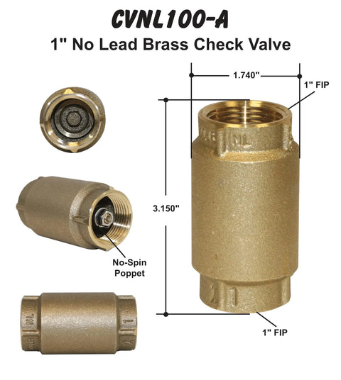 1-inch no-lead brass check valve CVNL100-A; brass body with 1-inch FIP threads, front and side views