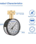 MEASUREMAN water pressure gauge, 0-200 PSI, 3/4 inch female thread, IP54 waterproof, black case, front view