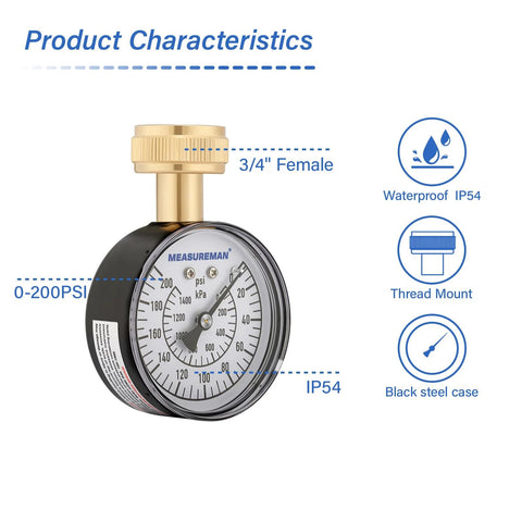 MEASUREMAN water pressure gauge, 0-200 PSI, 3/4 inch female thread, IP54 waterproof, black case, front view