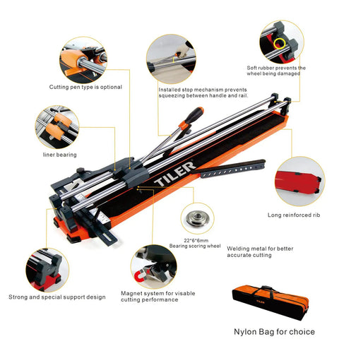 25 Inch Manual Tile Cutter For Ceramic And Porcelain Tiles With Tungsten Carbide Cutting Wheel Removable Scale Free Bag displayed.