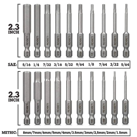 Twenty Piece Hex Bit Set With Magnetic S2 Steel Drill Bits For SAE And Metric Allen Wrenches Two Point Three Inch Long