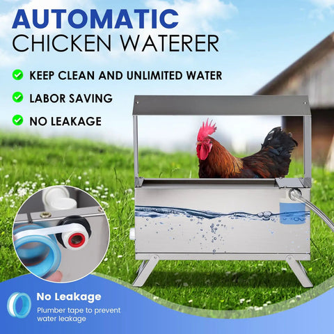 1.6 Gallon Automatic Chicken Waterer, Stainless Steel Poultry Dispenser With Float Valve Kit And Bottom Bracket shown with rooster