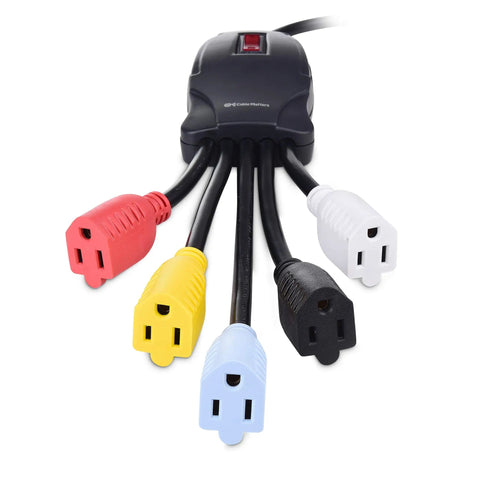 5 Outlet Power Cord Splitter With 10 Foot Heavy Duty Extension And Color Coded Receptacles featuring red, yellow, blue, white, and black plugs