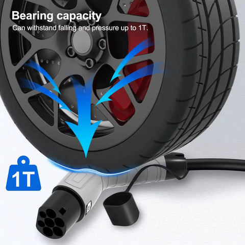 Heavy Duty EV Charging Cable Type 2 Male To GB/T Female Mode 3 shown under 1T bearing capacity with tire and connector details.