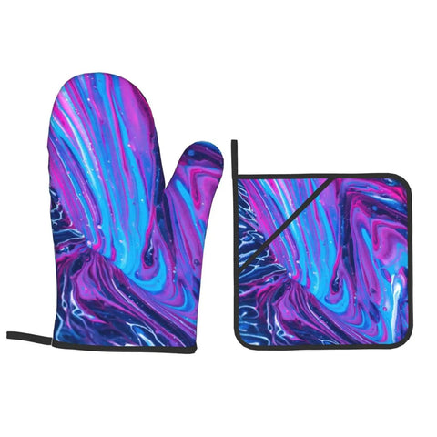 Hot Mess? No Way. These Abstract Fluid Oven Mitts And Pot Holders Bring The Heat With Super Cool 500 Degree Protection! Tough polyester mitt and pot holder set in vibrant colors.