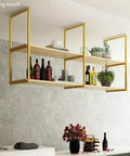 Legit Heavy Duty Floating Shelf Brackets Two Tier Industrial Pipe Wall Mount Brackets Built Like A Tank With Rust Resistant Finish showcasing a ceiling-mounted display with bottles and plants.