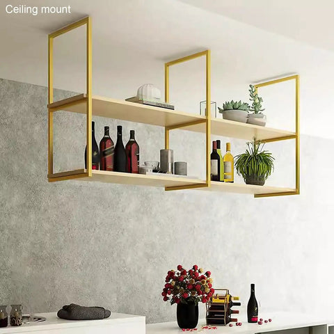 Legit Heavy Duty Floating Shelf Brackets Two Tier Industrial Pipe Wall Mount Brackets Built Like A Tank With Rust Resistant Finish showcasing a ceiling-mounted display with bottles and plants.