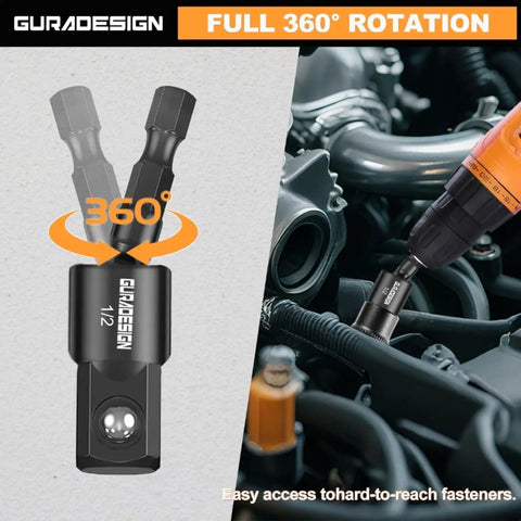 Impact Socket Adapter Set, 6-Piece With 3-Inch Extension Bit And Holder used for auto repair, showing full 360-degree rotation.