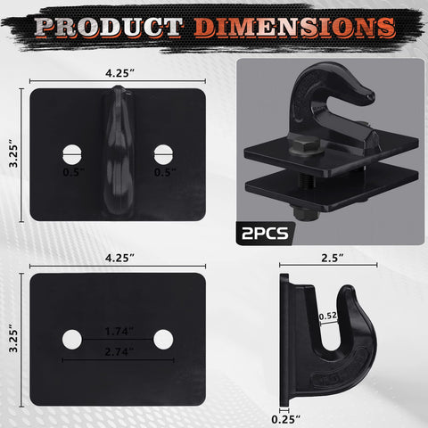 Heavy Duty Grade 70 3/8 Inch Bolt On Tractor Bucket Grab Hook With Backer Plate, Galvanized And Powder Coated, Black, 2 Pack