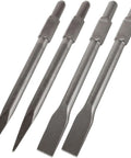 Four 16-inch demolition jackhammer drill bits: two bull-point chisels and two flat-tip chisels with hex shanks.