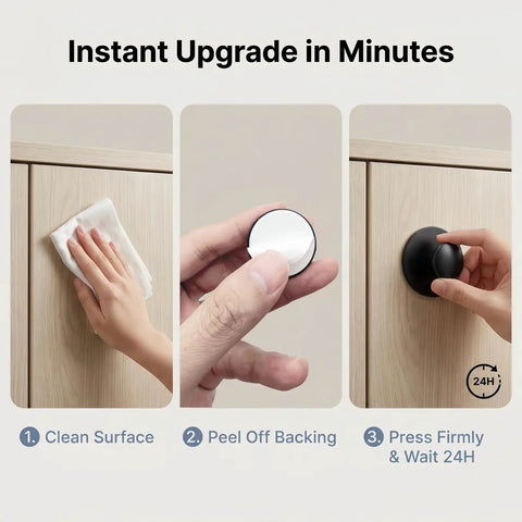 Hassle Free No Drill Cabinet Handles And Peel And Stick Knobs In Matte White for effortless kitchen and bath updates demo steps.