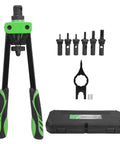 Rivet Nut Setting Kit with Ergonomic Rubber Grip and Alloy Steel Construction, featuring tool and accessories on white background.